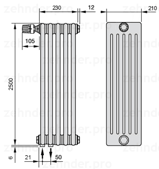 Схема (чертеж) Радиатор Zehnder Charleston 6250/5 №V001 Белый глянцевый RAL 9016